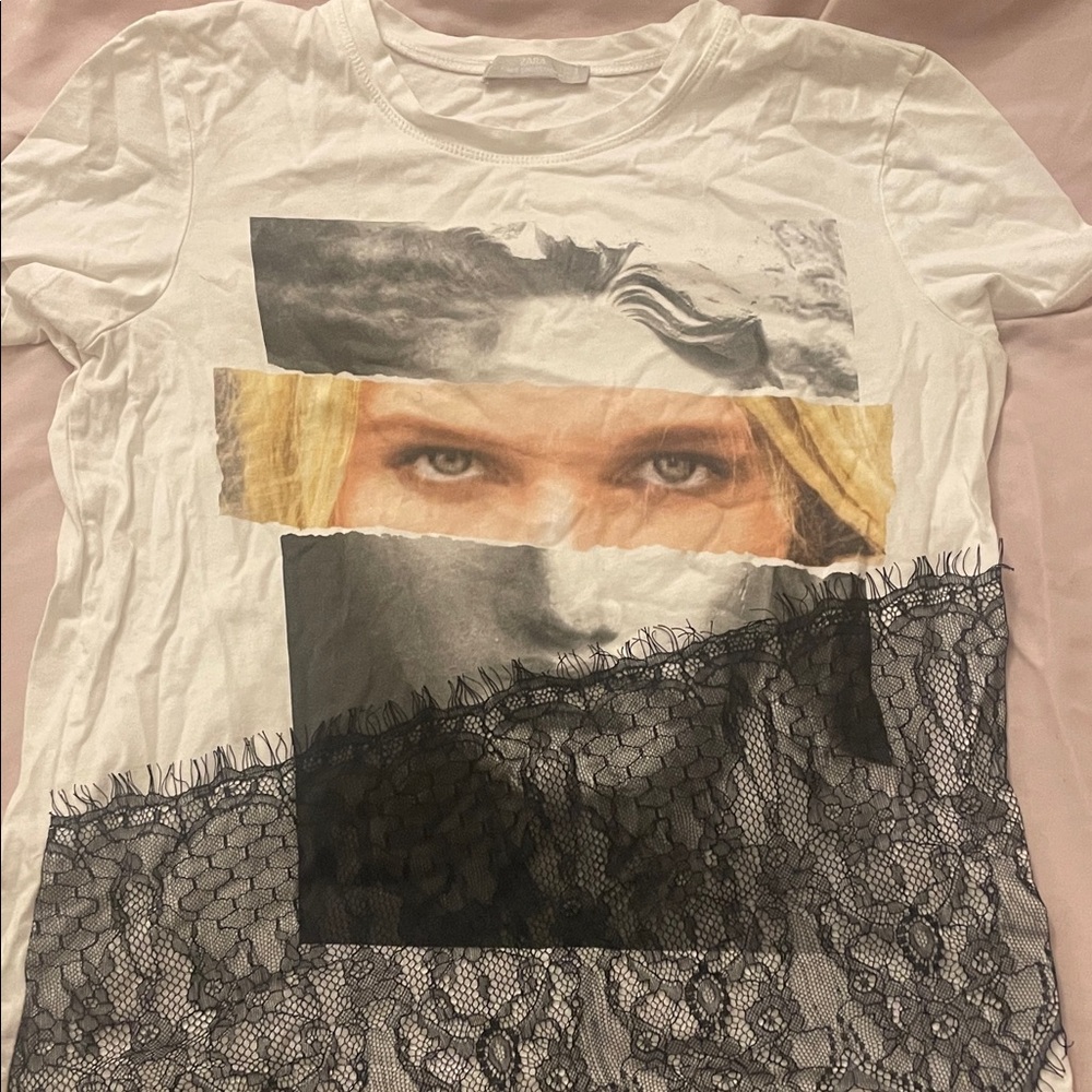 Zara White Graphic Tee with Black Lace Detail